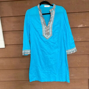 Tory Burch teal tunic with black and white detailing size 6
